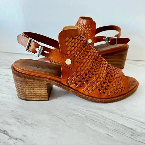 Rag & Bone Wyatt Mid Block Heel Woven Leather Size 6.5 (36.5) Brown - Picture 4 of 11